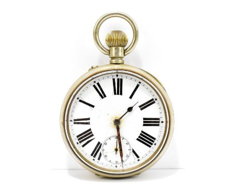 A crown wind open face Goliath nickel plated pocket watch with white enamel dial set with Roman numerals and subsidiary secon