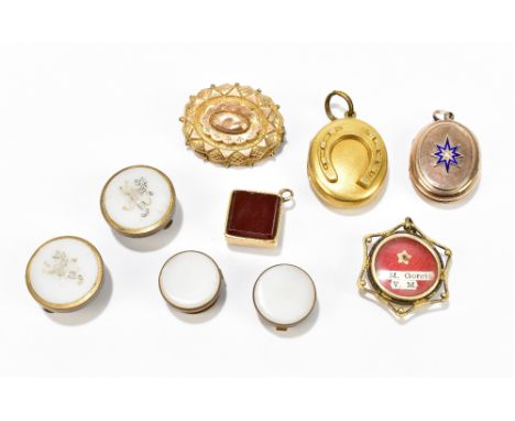 An 18ct yellow gold mounted compass with hardstone back, and assorted costume jewellery including oval locket with enamelled 