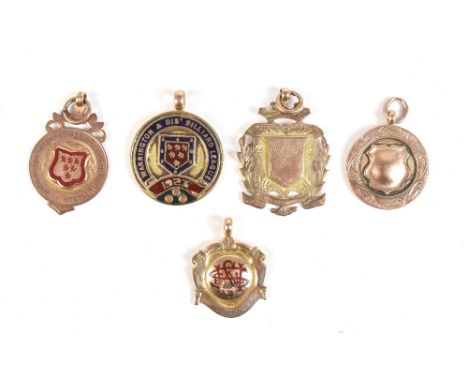 A group of five 9ct yellow and rose gold medallions, the first with enamel decoration inscribed 'Warrington &amp; Dist. Billi