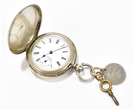 A gentleman's white metal full hunter key wind pocket watch with enamel dial set with Roman numerals and subsidiary seconds d