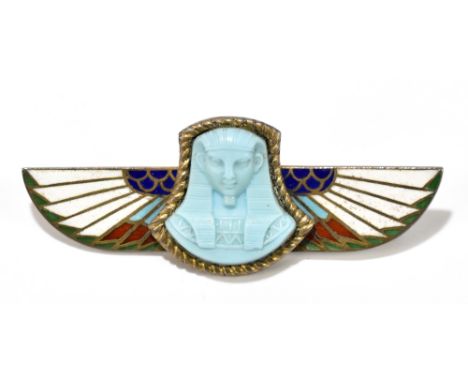 An early 20th century Egyptian revival brooch in fitted leather case, the base metal frame with enamel decorated wings, unmar
