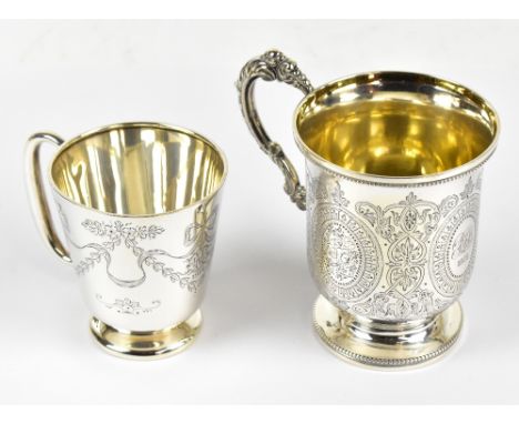 CHAWNER & CO; a Victorian hallmarked silver christening mug with cast beaded rims and chased floral detail surrounding engrav