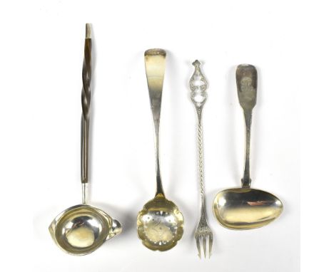 A small early Victorian silver ladle with writhen twisted baleen handle, length 17.5cm, a sifting spoon, a pickle fork, and a