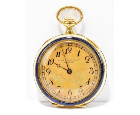PATEK PHILIPPE; an 18ct yellow gold crown wind lilac enamel diamond set open faced fob watch, with Arabic numerals to the dia