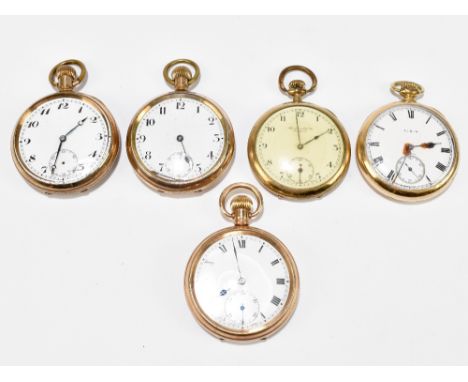 Five gold plated crown wind open face pocket watches, all with white enamel dials, three with Arabic numerals, two with Roman