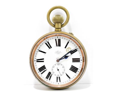 WEBSTER OF LONDON; a true Goliath nickel plated crown wind pocket watch with white enamel dial set with Roman numerals, subsi