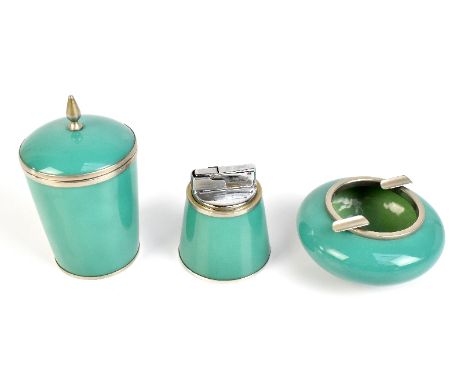 A Japanese enamel and white metal three piece smoking set,&nbsp;comprising cigarette holder of tapering form, ashtray and tab