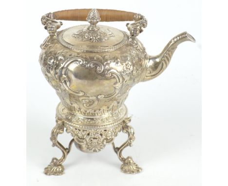 WILLIAM BOND &amp; JAMES PHIPPS I; a good George II hallmarked silver spirit kettle, the wing loop rattan topped handle above