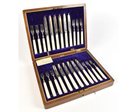ALLEN &amp; DARWIN; a mahogany cased set of twelve Victorian hallmarked silver and mother of pearl handled dessert knives and