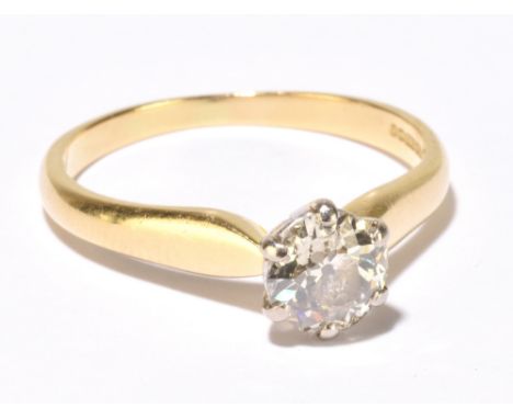 An 18ct yellow gold and diamond solitaire ring, the six claw set diamond approx 0.75ct, size S, approx 4.2g.Additional Inform