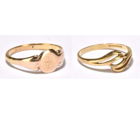 A 9ct yellow gold abstract ring, size M, also a yellow metal&nbsp;gentleman's signet ring, combined approx 3.9g.Additional In