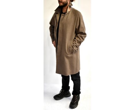 BURBERRY; a 100% cashmere wool taupe men’s ‘Car Coat’ lined with quilted satin featuring Nova Check detail (size large, lengt