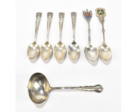 JOSIAH WILLIAMS &amp; CO; a George V hallmarked silver sauce ladle, London 1929, four hallmarked silver Coronation spoons and