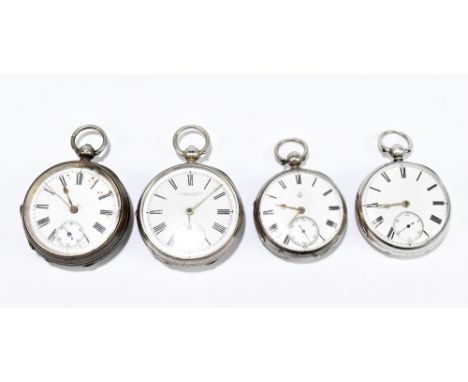 Four variously hallmarked silver key wind open face pocket watches each set with Roman numerals and subsidiary seconds hands 