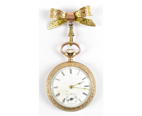 A circa 1900 yellow metal crown wind open faced fob watch, the white enamelled dial set with Roman numerals and subsidiary se