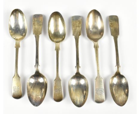 JOSIAH WILLIAMS &amp; CO; a set of four Victorian hallmarked silver teaspoons each with engraved initials EAB to handles, Exe