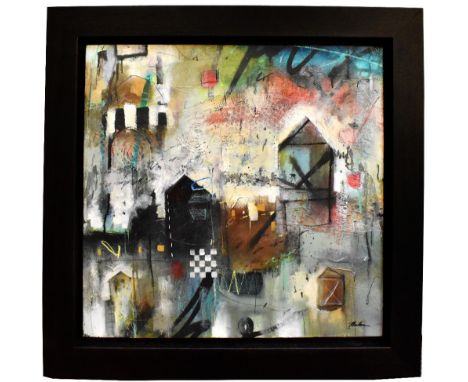 JOHN AND ELLI MILAN; acrylic on canvas, 'Urban Tapestry VI', signed lower right, 50 x 50cm, framed.Additional InformationLigh