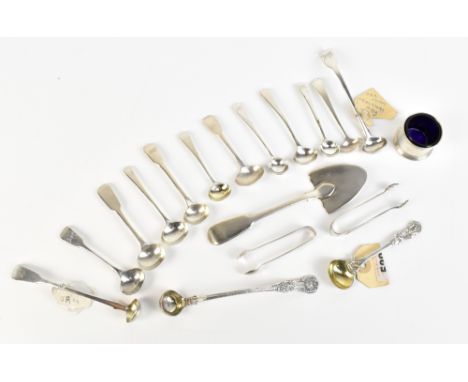A group of 19th century variously hallmarked silver mustard spoons including an example with foliate finial by William Theoba