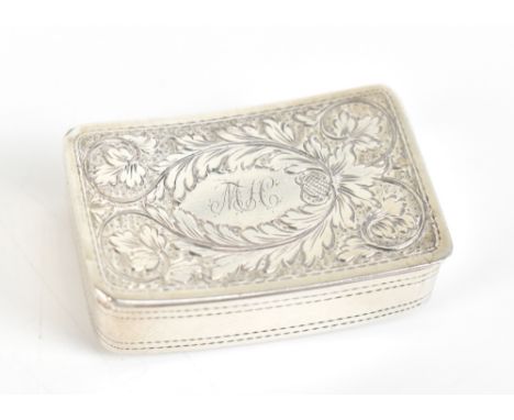 JOSEPH WIGMORE; a George IV hallmarked silver rectangular convex snuff box with bright cut foliate detail and engraved initia