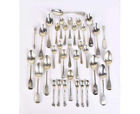 A group of variously hallmarked silver flatware including ten matched Fiddle pattern dessert spoons, a set of six Continental