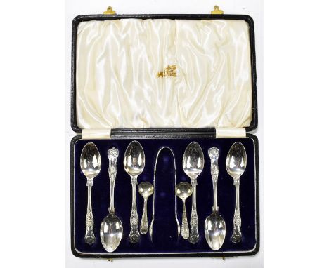 FATTORINI &amp; SONS; a cased set of six George V hallmarked silver Shell &amp; Thread pattern teaspoons and pair of sugar to