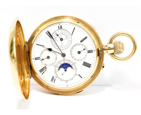 A fine late 19th century 18ct yellow gold Swiss minute repeating perpetual calendar crown wind full hunter pocket watch, the 