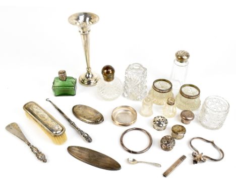 A mixed group of variously hallmarked and silver topped/mounted items including a trumpet vase on loaded base by Williams Ltd