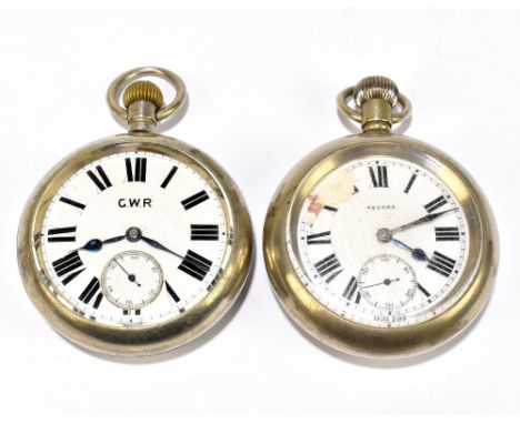 RAILWAY INTEREST (G.W.R); a plated crown wind open face pocket watch with white enamel dials set with Roman numerals and subs