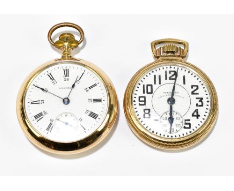 WALTHAM; two crown wind gold plated screw back open face pocket watches, the first with white enamel dial set with Roman nume