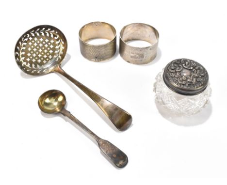 A group of Georgian and later hallmarked silver including sifting spoon by Joseph Ash I, London 1810, a pair of napkin rings 