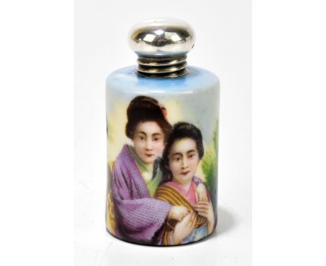 A BARRAT &amp; CO (probably); an Edward VII hallmarked silver topped ceramic scent bottle with over enamelled transferred dec