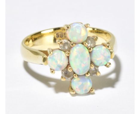 A 14ct yellow gold opal and diamond chip ring, size M, approx 4.1g.Additional InformationLight surface scratches to the opals