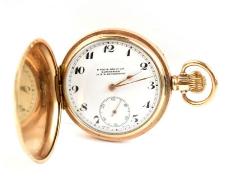 H WHITE MFG CO LTD OF MANCHESTER; a gold plated crown wind full hunter pocket watch, the white enamel dial set with Arabic nu