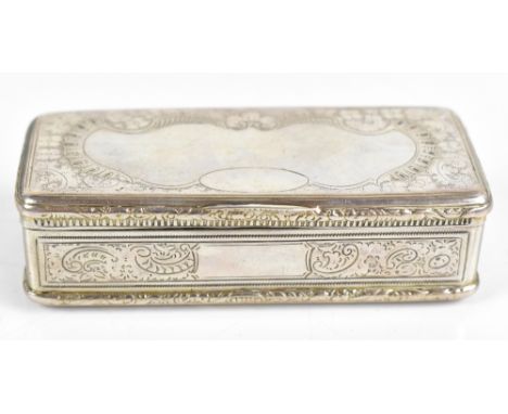 An Austrian silver snuff box of rectangular form with chased floral detail surrounding a vacant cartouche to the cover, lengt