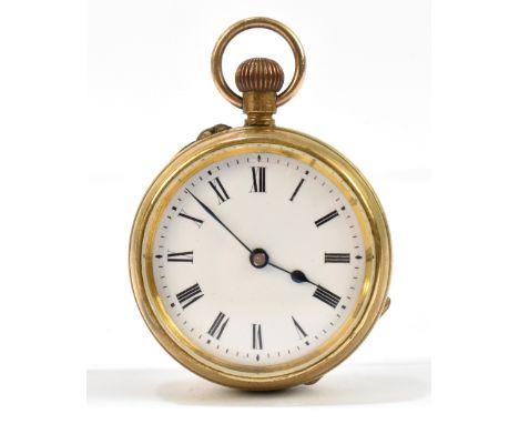 A lady's crown wind gold plated fob watch with enamel dial set with Roman numerals, diameter 33m.Additional InformationHeavy 