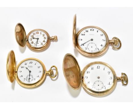 Four gold plated crown wind full hunter pocket and fob watches, the first by Ramson with white enamel dial set with Arabic nu