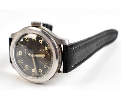CYMA; a World War II military issued 'Dirty Dozen' stainless steel cased gentleman's mechanical wristwatch, the black dial se