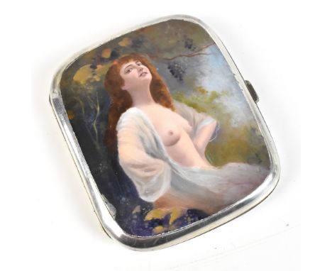 A German white metal and enamel decorated erotic card case decorated with a semi-naked lady to the cover, stamped 'Alpaca', 9