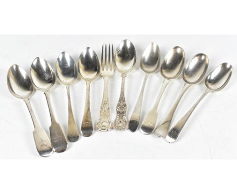 Five variously hallmarked late 18th and 19th century hallmarked silver dessert spoons, average length approx 18cm, some marks