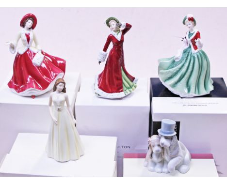 A group of four Royal Doulton figureines together with a Nao dog. Condition - very good, all boxed, no damage/restoration, li