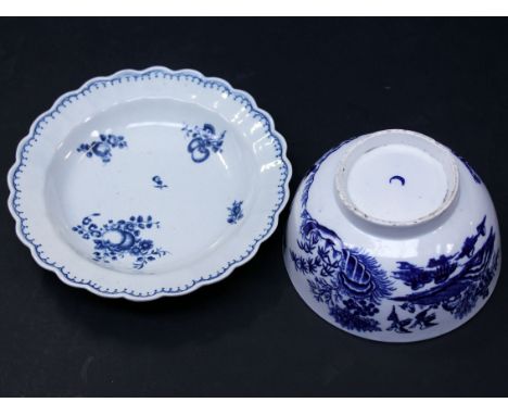 18th Century blue and white Worcester: bowl, diam 15cm and dish, diam. 19cm, blue crescent to each base. Condition - very goo