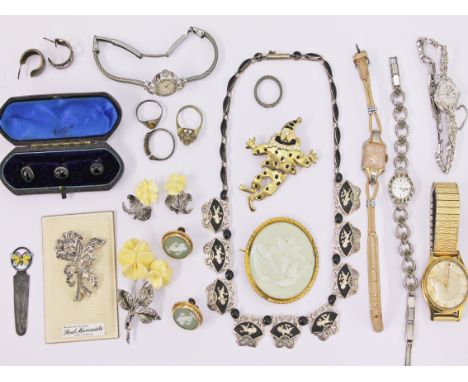 A mixed lot to include a hallmarked silver and enamel bookmark, rhodium plated jewellery, watches, etc.