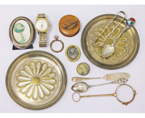 A mixed lot comprising  a pair of Christofle silver plated dishes, various hallmarked silver, lorngettes, a Mauchlin compass,