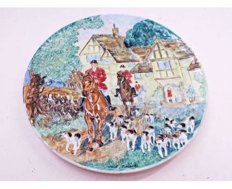 A Bursley Ware hunting scene charger, diam. 39cm. Condition - two minor chips to glaze on rim, no cracks nor any restoration,