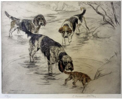 George Vernon Stokes (1873-1954), four hounds, limited edition dry point etching no 53/75, 29cm x 24cm, signed in pencil, gla