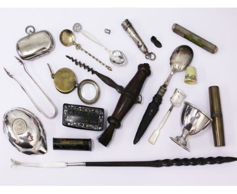 A mixed lot to include hallmarked silver, a Georgian white metal ladle (broken), two corckscrews, EPNS etc.