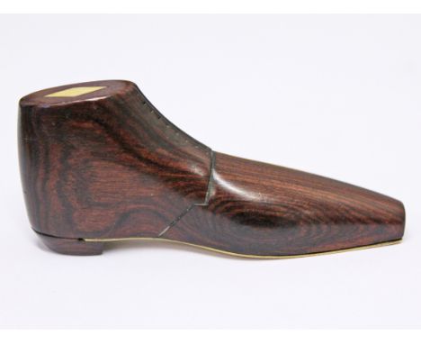 An early 19th Century mahogany, brass and bone inlaid snuff box in the form of a boot, length 8.3cm. Condition very good, no 