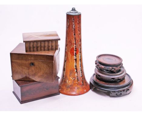 A mixed lot to include a Yardley Studios handpainted lamp, an olive wood tea caddy, a puzzle box, a mahogany money box and th