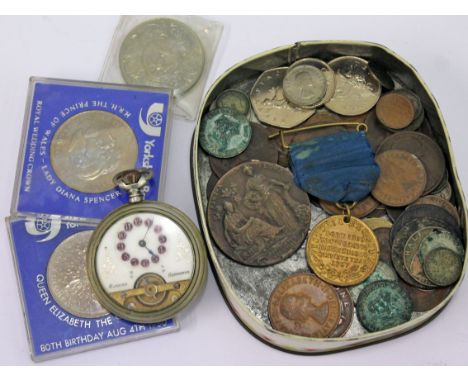 A mixed lot to include coins, medals and an enamel pocket watch.