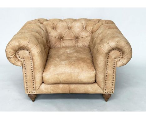 CHESTERFIELD ARMCHAIR, deep buttoned nubuck light tan leather with turned supports, 116cm x 73cm H. 